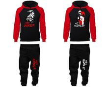Load image into Gallery viewer, Her Joker and His Harley matching top and bottom set, Red Black raglan hoodie and sweatpants sets for mens, raglan hoodie and jogger set womens. Matching couple joggers.