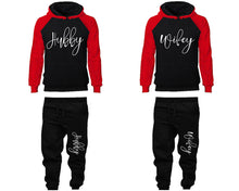 Load image into Gallery viewer, Hubby and Wifey matching top and bottom set, Red Black raglan hoodie and sweatpants sets for mens, raglan hoodie and jogger set womens. Matching couple joggers.