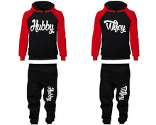 Load image into Gallery viewer, Hubby and Wifey matching top and bottom set, Red Black raglan hoodie and sweatpants sets for mens, raglan hoodie and jogger set womens. Matching couple joggers.