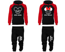 Load image into Gallery viewer, Her Jack and His Sally matching top and bottom set, Red Black raglan hoodie and sweatpants sets for mens, raglan hoodie and jogger set womens. Matching couple joggers.