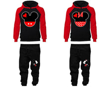 Load image into Gallery viewer, Mickey Minnie matching top and bottom set, Red Black raglan hoodie and sweatpants sets for mens, raglan hoodie and jogger set womens. Matching couple joggers.