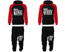 Load image into Gallery viewer, Her King and His Queen matching top and bottom set, Red Black raglan hoodie and sweatpants sets for mens, raglan hoodie and jogger set womens. Matching couple joggers.