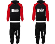 Load image into Gallery viewer, Hubby and Wifey matching top and bottom set, Red Black raglan hoodie and sweatpants sets for mens, raglan hoodie and jogger set womens. Matching couple joggers.