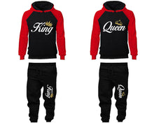 Load image into Gallery viewer, King and Queen matching top and bottom set, Red Black raglan hoodie and sweatpants sets for mens, raglan hoodie and jogger set womens. Matching couple joggers.