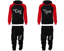 Load image into Gallery viewer, Her King and His Queen matching top and bottom set, Red Black raglan hoodie and sweatpants sets for mens, raglan hoodie and jogger set womens. Matching couple joggers.