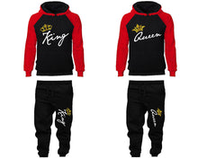 Load image into Gallery viewer, King and Queen matching top and bottom set, Red Black raglan hoodie and sweatpants sets for mens, raglan hoodie and jogger set womens. Matching couple joggers.