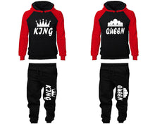 Load image into Gallery viewer, King and Queen matching top and bottom set, Red Black raglan hoodie and sweatpants sets for mens, raglan hoodie and jogger set womens. Matching couple joggers.