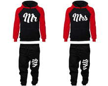 Load image into Gallery viewer, Mr and Mrs matching top and bottom set, Red Black raglan hoodie and sweatpants sets for mens, raglan hoodie and jogger set womens. Matching couple joggers.