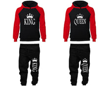Load image into Gallery viewer, King and Queen matching top and bottom set, Red Black raglan hoodie and sweatpants sets for mens, raglan hoodie and jogger set womens. Matching couple joggers.