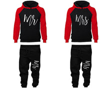 Load image into Gallery viewer, Mr and Mrs matching top and bottom set, Red Black raglan hoodie and sweatpants sets for mens, raglan hoodie and jogger set womens. Matching couple joggers.