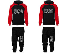 Load image into Gallery viewer, King and Queen matching top and bottom set, Red Black raglan hoodie and sweatpants sets for mens, raglan hoodie and jogger set womens. Matching couple joggers.