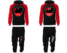 將圖片載入圖庫檢視器 Mickey Minnie matching top and bottom set, Red Black raglan hoodie and sweatpants sets for mens, raglan hoodie and jogger set womens. Matching couple joggers.