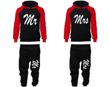 Load image into Gallery viewer, Mr and Mrs matching top and bottom set, Red Black raglan hoodie and sweatpants sets for mens, raglan hoodie and jogger set womens. Matching couple joggers.