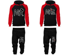 Load image into Gallery viewer, Mr Mrs matching top and bottom set, Red Black raglan hoodie and sweatpants sets for mens, raglan hoodie and jogger set womens. Matching couple joggers.