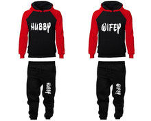 Load image into Gallery viewer, Hubby and Wifey matching top and bottom set, Red Black raglan hoodie and sweatpants sets for mens, raglan hoodie and jogger set womens. Matching couple joggers.