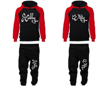 Load image into Gallery viewer, Hubby and Wifey matching top and bottom set, Red Black raglan hoodie and sweatpants sets for mens, raglan hoodie and jogger set womens. Matching couple joggers.