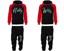 Load image into Gallery viewer, Hubby and Wifey matching top and bottom set, Red Black raglan hoodie and sweatpants sets for mens, raglan hoodie and jogger set womens. Matching couple joggers.
