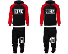 Load image into Gallery viewer, King and Queen matching top and bottom set, Red Black raglan hoodie and sweatpants sets for mens, raglan hoodie and jogger set womens. Matching couple joggers.