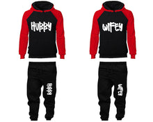Load image into Gallery viewer, Hubby and Wifey matching top and bottom set, Red Black raglan hoodie and sweatpants sets for mens, raglan hoodie and jogger set womens. Matching couple joggers.