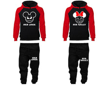 Load image into Gallery viewer, Her Jack and His Sally matching top and bottom set, Red Black raglan hoodie and sweatpants sets for mens, raglan hoodie and jogger set womens. Matching couple joggers.