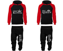 Load image into Gallery viewer, Her King and His Queen matching top and bottom set, Red Black raglan hoodie and sweatpants sets for mens, raglan hoodie and jogger set womens. Matching couple joggers.