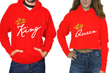將圖片載入圖庫檢視器 King and Queen hoodies, Matching couple hoodies, Red pullover hoodie for man Red crop top hoodie for woman
