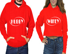 Load image into Gallery viewer, Hubby and Wifey hoodies, Matching couple hoodies, Red pullover hoodie for man Red crop top hoodie for woman