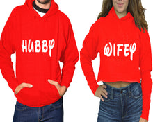 Load image into Gallery viewer, Hubby and Wifey hoodies, Matching couple hoodies, Red pullover hoodie for man Red crop top hoodie for woman