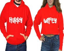Load image into Gallery viewer, Hubby and Wifey hoodies, Matching couple hoodies, Red pullover hoodie for man Red crop top hoodie for woman