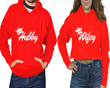 Load image into Gallery viewer, Hubby and Wifey hoodies, Matching couple hoodies, Red pullover hoodie for man Red crop top hoodie for woman