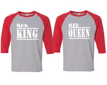 Load image into Gallery viewer, Her King and His Queen matching couple baseball shirts.Couple shirts, Red Grey 3/4 sleeve baseball t shirts. Couple matching shirts.