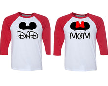 Load image into Gallery viewer, Dad and Mom matching couple baseball shirts.Couple shirts, Red White 3/4 sleeve baseball t shirts. Couple matching shirts.