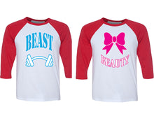Load image into Gallery viewer, Beast and Beauty matching couple baseball shirts.Couple shirts, Red White 3/4 sleeve baseball t shirts. Couple matching shirts.