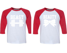 Load image into Gallery viewer, Beast and Beauty matching couple baseball shirts.Couple shirts, Red White 3/4 sleeve baseball t shirts. Couple matching shirts.