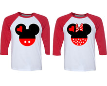 Load image into Gallery viewer, Mickey and Minnie matching couple baseball shirts.Couple shirts, Red White 3/4 sleeve baseball t shirts. Couple matching shirts.