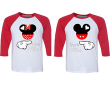 Load image into Gallery viewer, She's Mine and He's Mine matching couple baseball shirts.Couple shirts, Red White 3/4 sleeve baseball t shirts. Couple matching shirts.