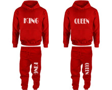 將圖片載入圖庫檢視器 King and Queen matching top and bottom set, Red pullover hoodie and sweatpants sets for mens, pullover hoodie and jogger set womens. Matching couple joggers.