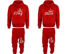 將圖片載入圖庫檢視器 King and Queen matching top and bottom set, Red pullover hoodie and sweatpants sets for mens, pullover hoodie and jogger set womens. Matching couple joggers.