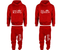Load image into Gallery viewer, Her King and His Queen matching top and bottom set, Red pullover hoodie and sweatpants sets for mens, pullover hoodie and jogger set womens. Matching couple joggers.