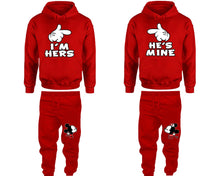Load image into Gallery viewer, I'm Hers and He's Mine matching top and bottom set, Red hoodie and sweatpants sets for mens hoodie and jogger set womens. Matching couple joggers.