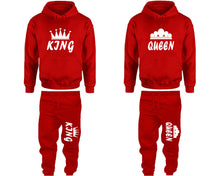將圖片載入圖庫檢視器 King and Queen matching top and bottom set, Red pullover hoodie and sweatpants sets for mens, pullover hoodie and jogger set womens. Matching couple joggers.