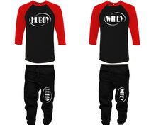 將圖片載入圖庫檢視器 Hubby and Wifey baseball shirts, matching top and bottom set, Red Black Black baseball shirts, men joggers, shirt and jogger pants women. Matching couple joggers