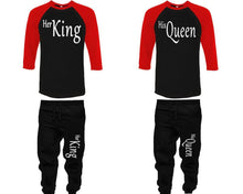 將圖片載入圖庫檢視器 Her King and His Queen baseball shirts, matching top and bottom set, Red Black Black baseball shirts, men joggers, shirt and jogger pants women. Matching couple joggers