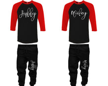 將圖片載入圖庫檢視器 Hubby and Wifey baseball shirts, matching top and bottom set, Red Black Black baseball shirts, men joggers, shirt and jogger pants women. Matching couple joggers