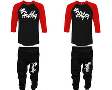 將圖片載入圖庫檢視器 Hubby and Wifey baseball shirts, matching top and bottom set, Red Black Black baseball shirts, men joggers, shirt and jogger pants women. Matching couple joggers