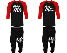 Load image into Gallery viewer, Mr and Mrs baseball shirts, matching top and bottom set, Red Black Black baseball shirts, men joggers, shirt and jogger pants women. Matching couple joggers