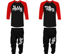 將圖片載入圖庫檢視器 Hubby and Wifey baseball shirts, matching top and bottom set, Red Black Black baseball shirts, men joggers, shirt and jogger pants women. Matching couple joggers