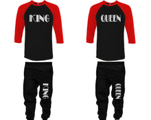 Load image into Gallery viewer, King and Queen baseball shirts, matching top and bottom set, Red Black Black baseball shirts, men joggers, shirt and jogger pants women. Matching couple joggers