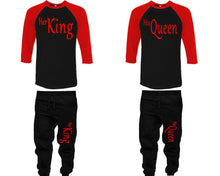 將圖片載入圖庫檢視器 Her King and His Queen baseball shirts, matching top and bottom set, Red Black Black baseball shirts, men joggers, shirt and jogger pants women. Matching couple joggers