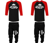 Load image into Gallery viewer, King and Queen baseball shirts, matching top and bottom set, Red Black Black baseball shirts, men joggers, shirt and jogger pants women. Matching couple joggers